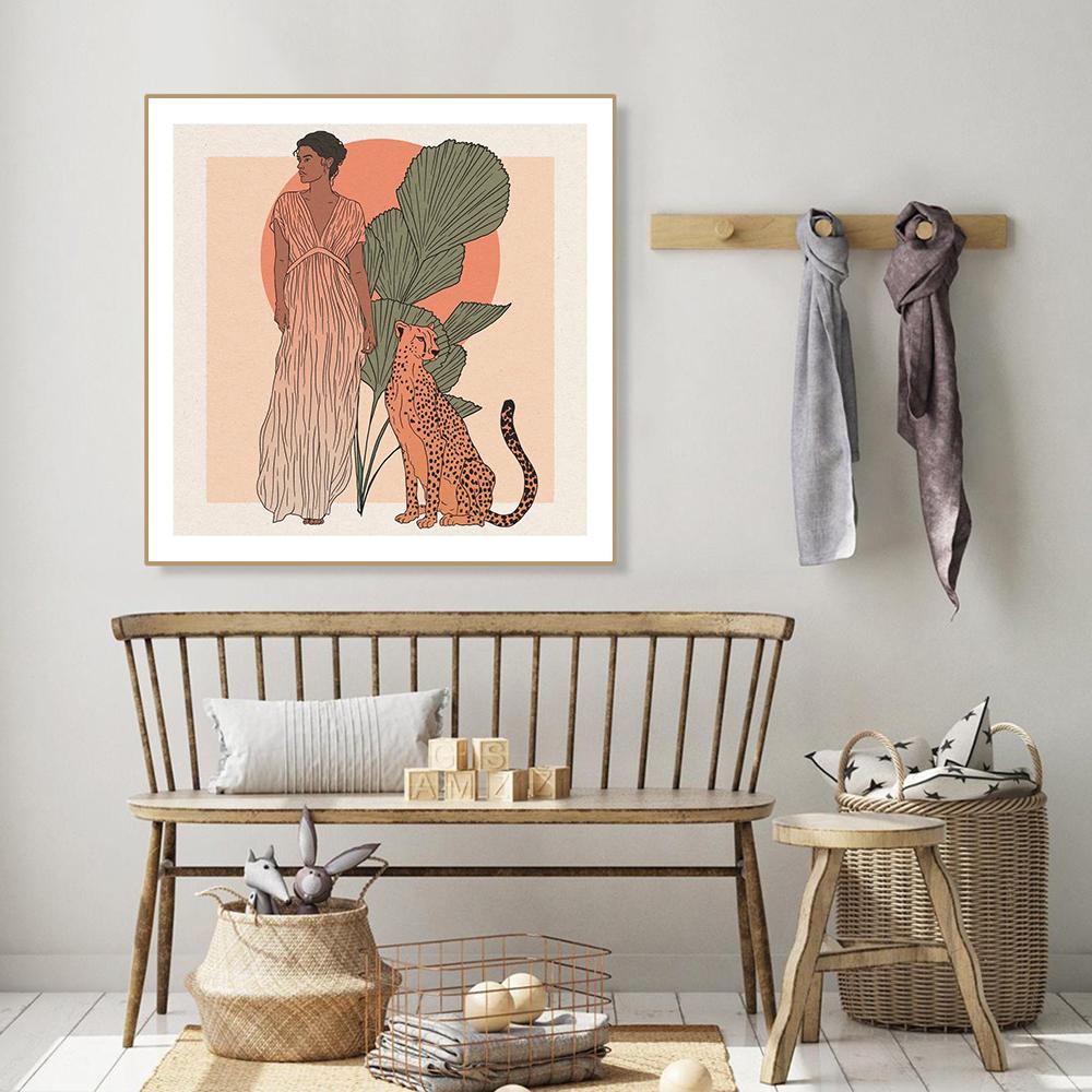 Square Poster Art Prints Boho Abstract Woman and Leopard Snake Nordic Retro Sun Face Mind Canvas Painting Living Room Home Decor