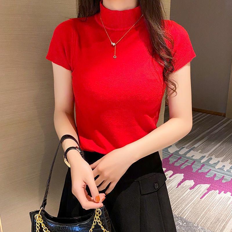Women's Ice Silk Knit Slim Fit Short Sleeve Top - Half-High Collar, Stretchy, Solid Color