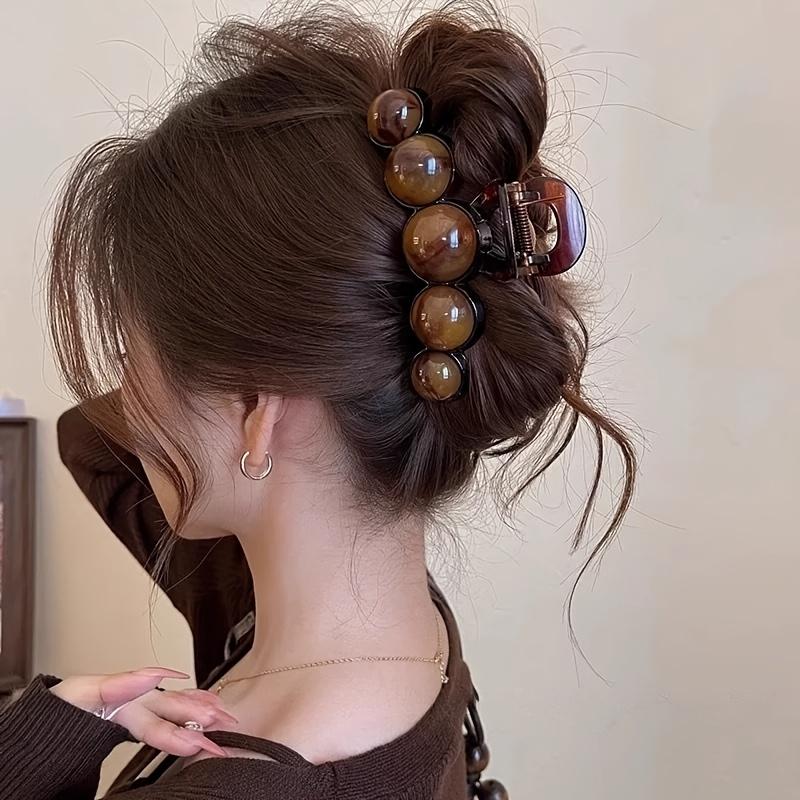 Large Elegant Faux Pearl Hair Claw Clip - Non-Slip Strong Grip, Vintage Style Shark Clip for Women, Colorful Beaded Accents, Ideal for Thick Hair
