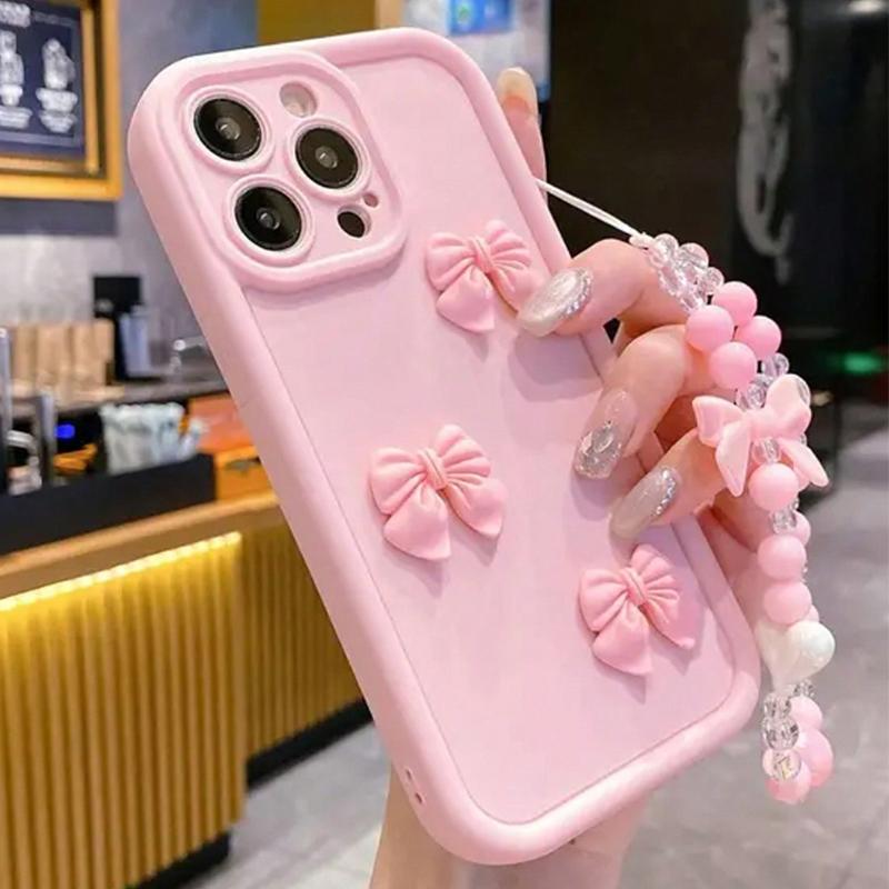 Cute 3D Bowknot Silicone Phone Case For iPhone 11 12 13 14 15 16 17 Pro Max 16E X XS XR 7 8 Plus Bow Lanyard Hanging Rope Cover