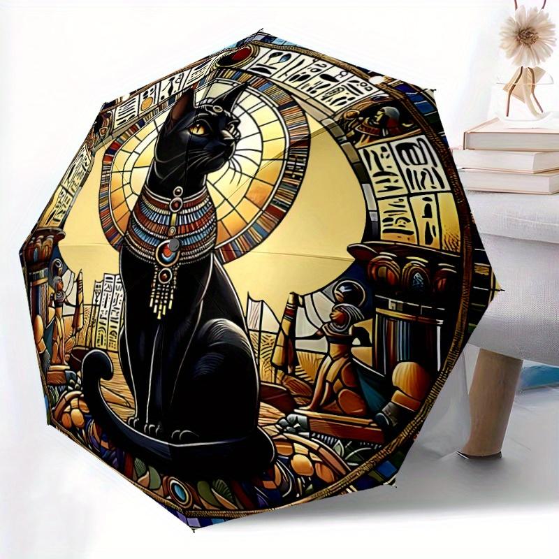 1pc Egyptian Cat Auto Open/close, All-Season Portable Folding Umbrella for Women & Men, Travel, Everyday, Formal Events - Compact Luxury Parasol, Outd