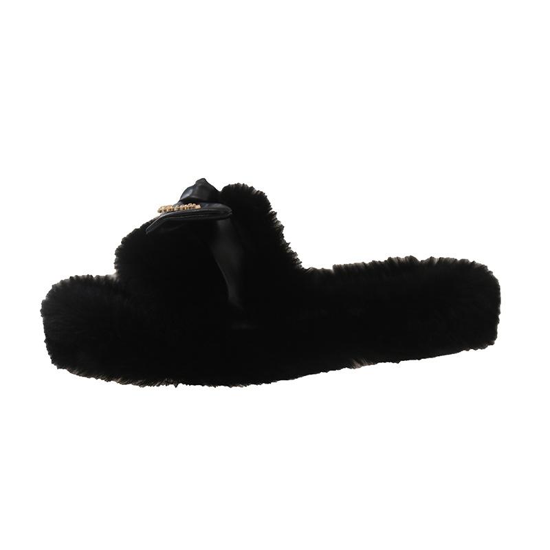 Foreign Trade Autumn and Winter Niche Design Sense Korean Version Flat-bottomed Versatile Fluffy Slippers Women's Bow Casual One-word Cotton Slippers