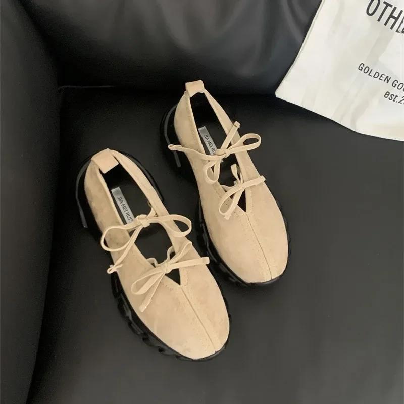 2025 Autumn New Style Korean Version French Style Round Toe Double Bow Thick Bottom Casual Fashionable Mary Jane Women's Shoes