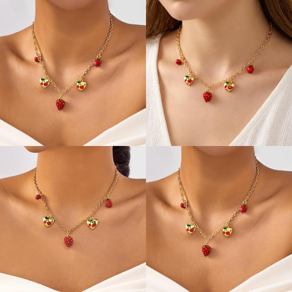 Summer Fashion Heart Cherry Fruit Pendant Necklace With Adjustable Chain For Women
