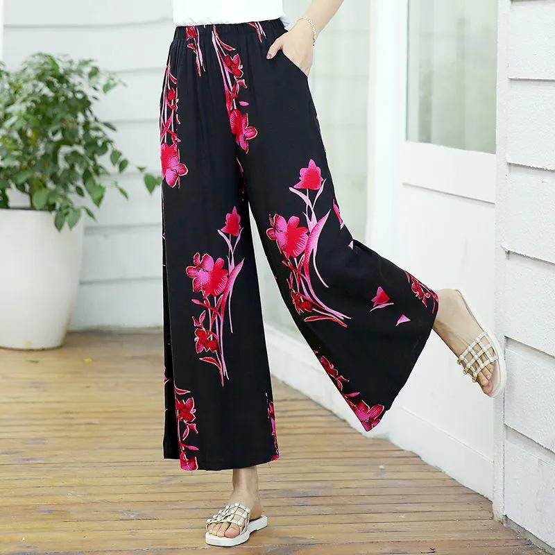 WTEMPO Jaro Léto Smíšená bavlna Široké kalhoty Kalhoty Dámské Velká velikost Vysoký Elastický pas Potištěné Culottes