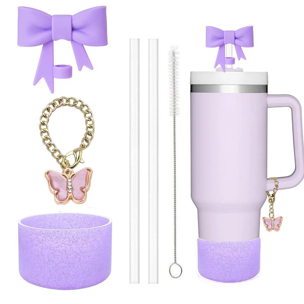 6PCS Accessories Set for Stanley Cup 30oz/40oz Including Glitter Silicone Boot Diamond Butterfly Charm Chain Bow Silicone Straw