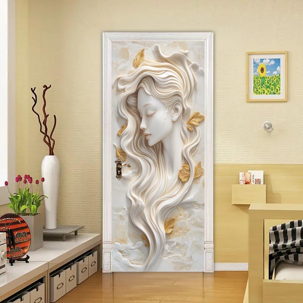 Stylish Gold Leaf Abstract Door Sticker - Elegant 3D Sculptural Feminine Art Door Sticker, Removable Self-Adhesive Wallpaper