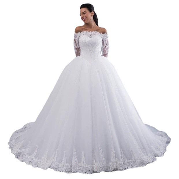 Wedding Dress Europe and America New High Waist White Medium Sleeve Princess Skinny Shoulder Slim Lace Long Sleeve Main Wedding Dress
