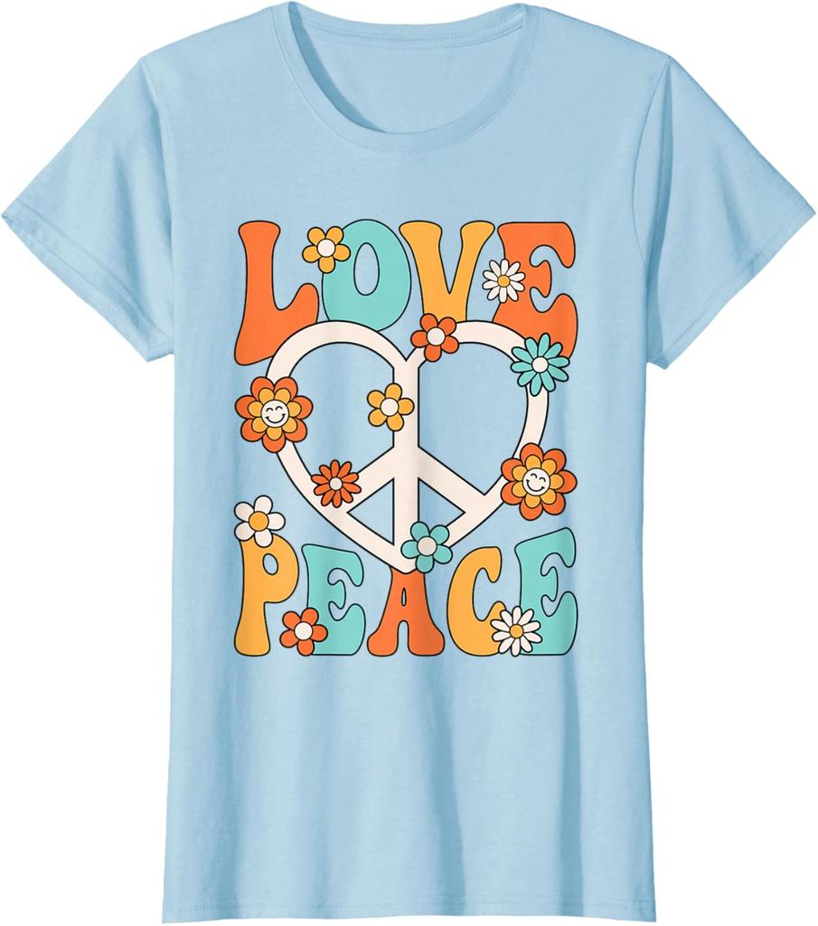 Love Peace Sign Groovy Hippie Graphic Tee Retro 70s Style Cotton T-Shirt for Women
