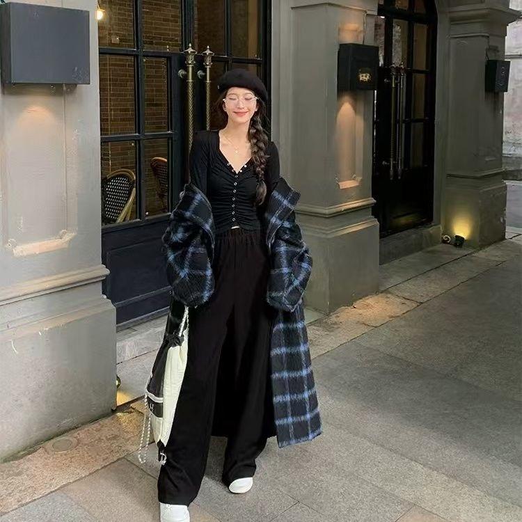 Elegantní dlouhý kostkovaný vlněný kabát dámský zimní tlustý teplý ke kolenům kabát módní vysoce kvalitní tvídová bunda