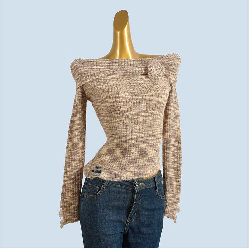 French Style Blooming off-Shoulder Long Sleeve Knitted Autumn New Slim Fit Design Bottoming Shirt Slim Fit Slimming Temperament Top