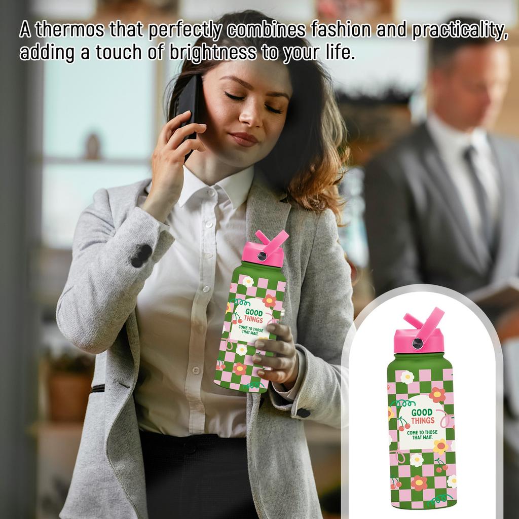 Sports Kettle Stainless Steel 1L Large Capacity Printed Large Mouth Insulated Cup Portable Handle Straw Water Cup