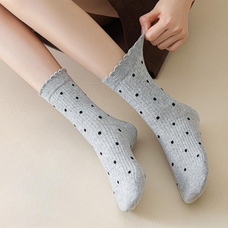 Lace Socks, Women's Long Socks, Polka Dot Black Ear-trimmed Cotton Socks, Autumn and Winter Sports Pile Socks, Versatile Boneless Mid-calf Socks