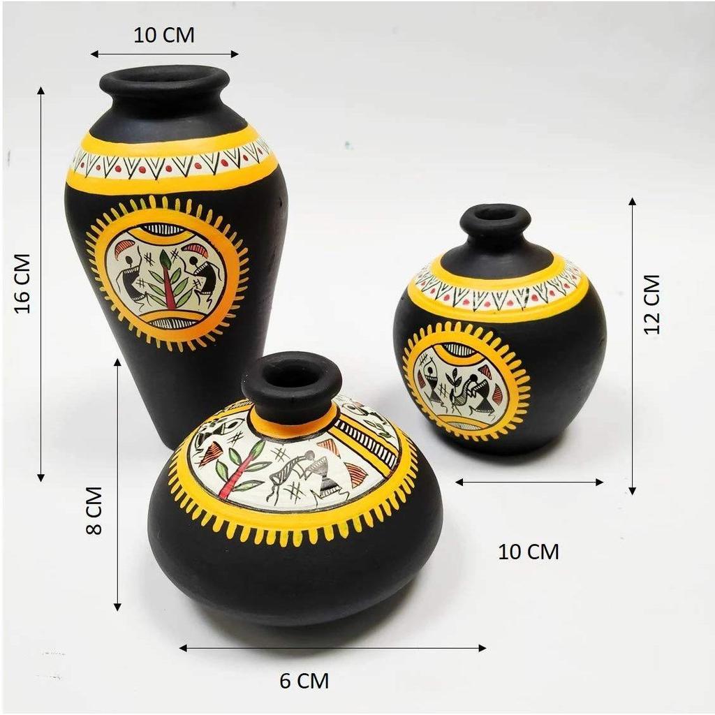 'Tribal Fiesta' Black Terracotta Oblong Flower Vase, Terracotta Decorative For Home Decor Earthen Flower Vases Pots For Home & Office (Set Of 3)