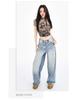 Women's Light Blue High-Waisted Ripped Straight-Leg Jeans - Street Style, Autumn/Winter, Loose Fit, Slimming Effect.