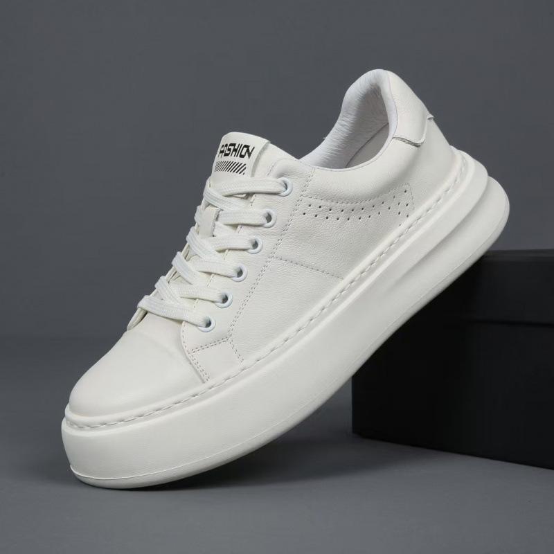 Cross-Border Leather Little White Shoes Men'S Thick-Soled Lightweight Sports Shoes First-Layer Cowhide Breathable Casual Shoes Niche Sense Board