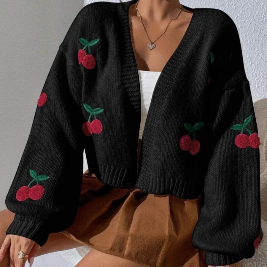 European & American Cherry Embroidery Knit Cardigan - Casual, Loose, No Button, Women's Autumn/Winter Sweater.