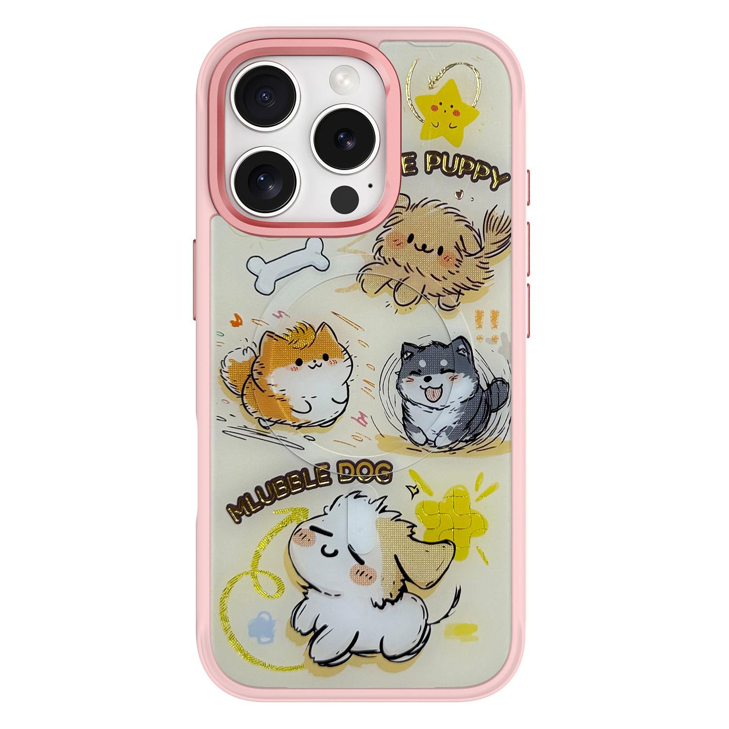 

For iPhone 16 Pro Magnetic Case TPU PC Phone Cover with Detachable Whirlwind Dog Backplate Pink