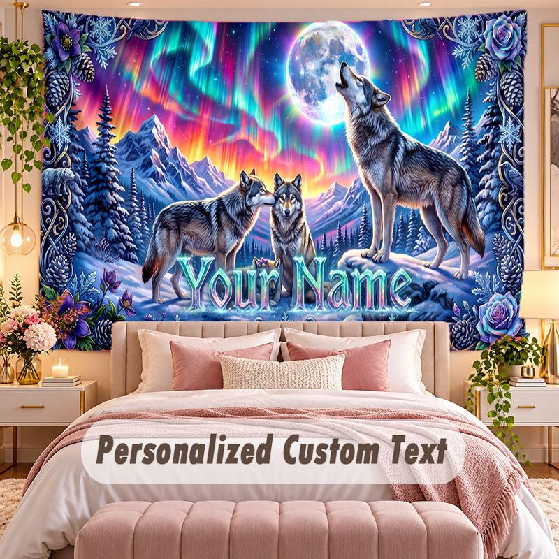 Wolf (126) Theme Wall Tapestry Customized With Name Text Personalized Hanging Tapestry For Bedroom Living Room Decor