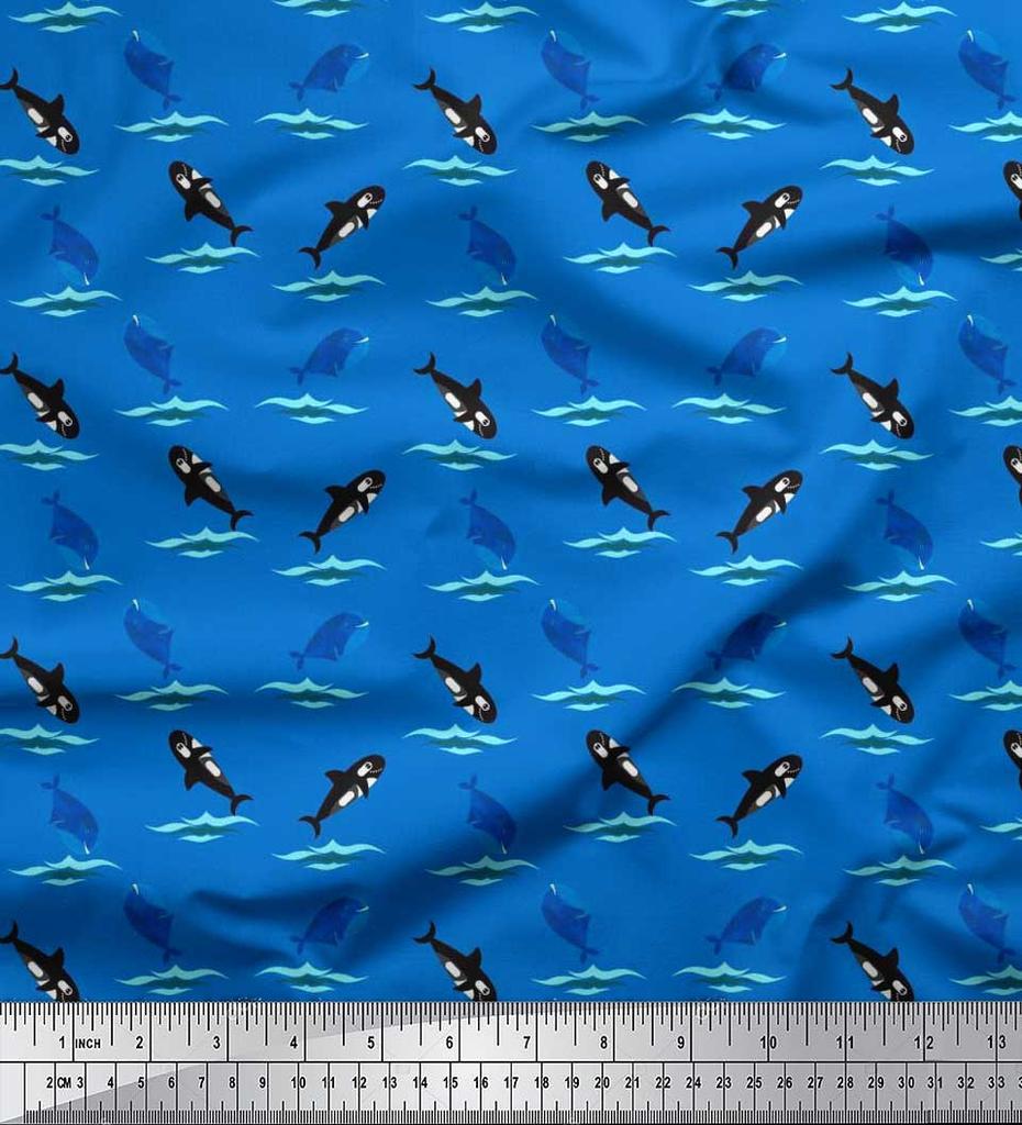 Soimoi Japan Crepe Satin Fabric Waves,Whale & Dolphin Ocean Decor Fabric Printed metre 42 Inch