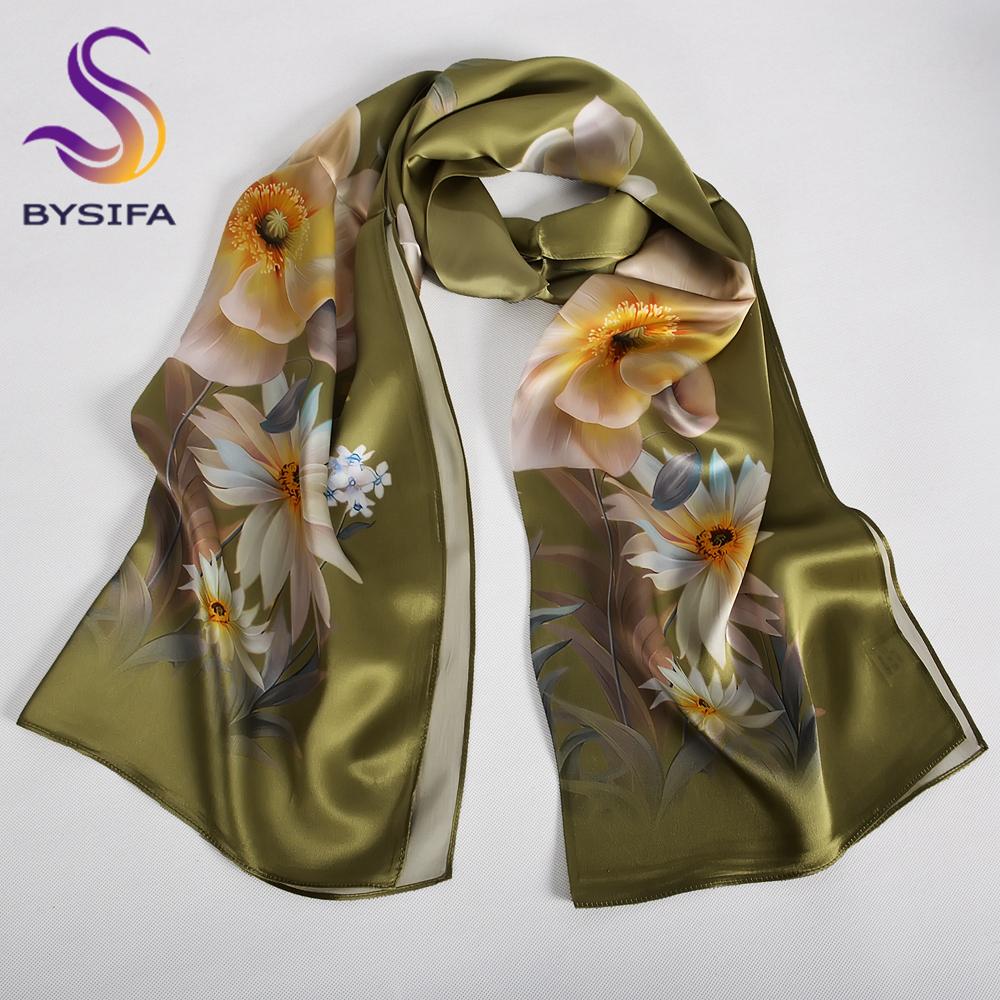 BYSIFA|Army Green Silk Scarf Hijab Winter Elegant Flower Long Scarves Shawls Spring Fall Fashion Brand Head Neck Scarves Wraps