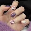 Floral Pattern Short White & Purple False Nail Tips - Sweet & Cute Style, Detachable, Wearable.