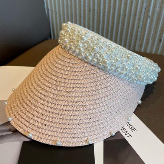 Women Beach Sun Hat Straw Visor Cap Beaded Pearl Casual Vacation Summer Sun Hat