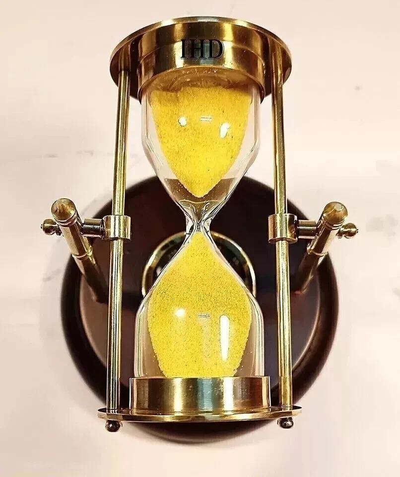 Sand Timer With Compass On Wooden Base Vintage Nautical Hanging Brass Hour Glass