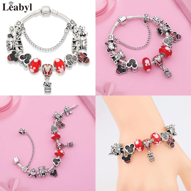 Potdemiel Pink Enamel Crystal Minnie Charm Bracelets Silver Color Heart Cartoon Bead Jewelry for Women Girl Gift