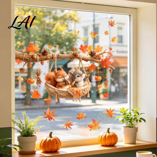 Autumn Window Clings 2Pcs Fall Maple Leaves Animals Static Stickers Squirrel/Hedgehog/Rabbit/Raccoon Glass Home Ornament PVC Waterproof for