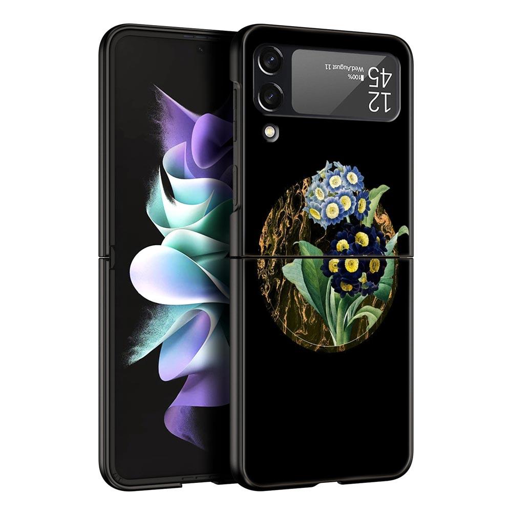 Handyhülle mit Vintage-Blumen-Motiv, botanischer Marmor, für Samsung Galaxy Z Flip 3, 4, 5, schwarze faltbare Handyhülle, harte Schutzhülle