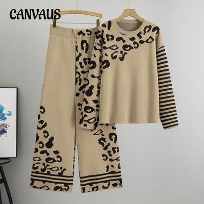 Ensemble deux pièces pour femme grande taille, pull ample à imprimé léopard, pantalon décontracté à la mode, automne