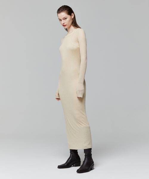 Lady Volume Cutting Halter Slim Knit Dress_Beige