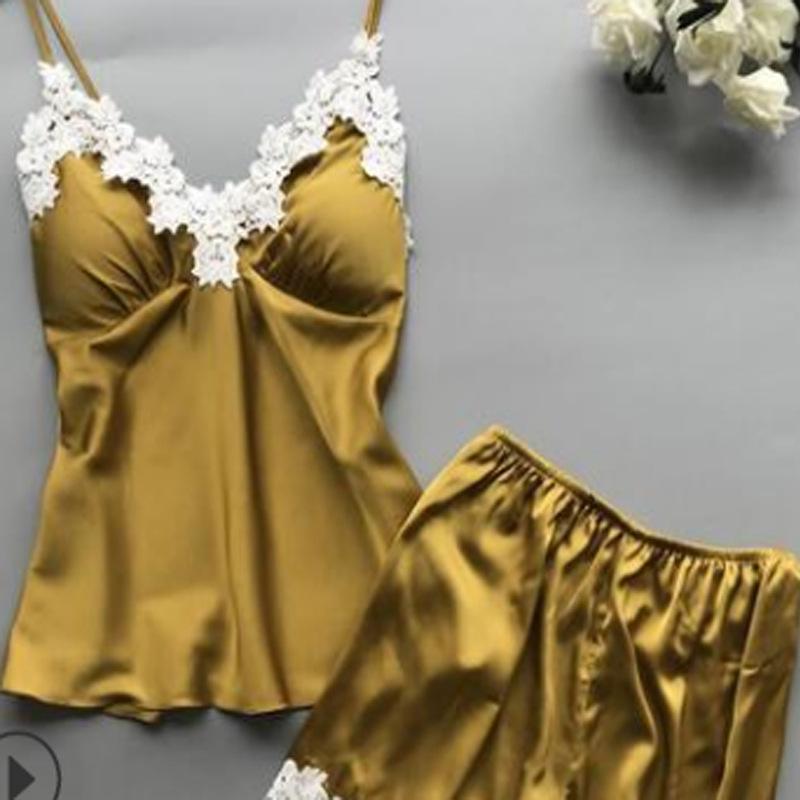 

Женский кружевной пижамный комплект шелковый с оборками сексуальный из 2 предметов с пижамными шортами сатиновый летний короткий набор для сна для дам XXL золотой