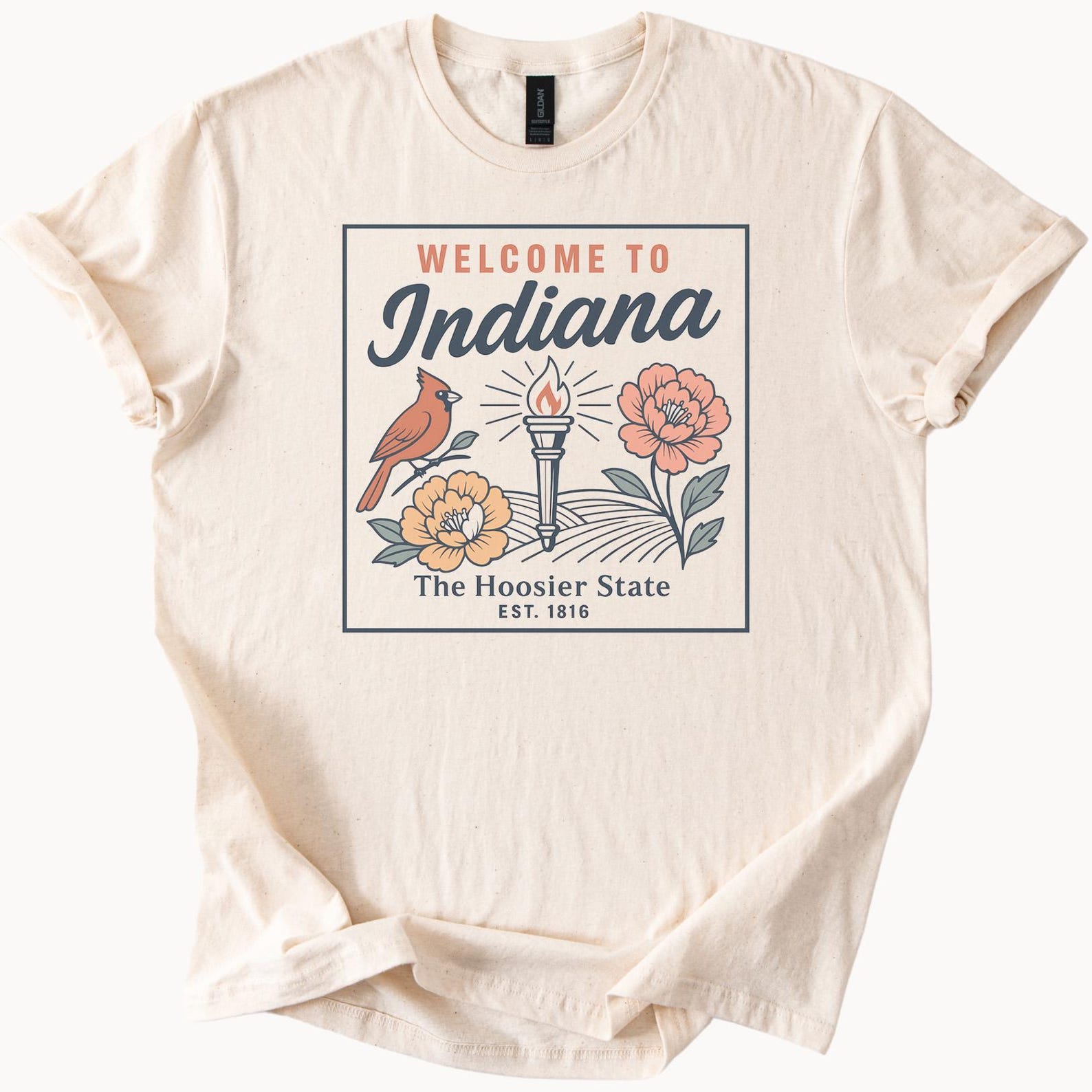 Indiana Graphic T Shirt Welcome to Indiana Hoosier State Wildflower and Cardinal Bird Art Soft State Pride Shirt Gift Idea 1816 Established 160