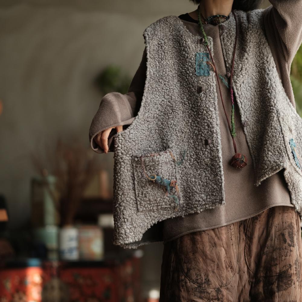 Johnature Dámské vintage bezrukávové kabáty Šedé patchworkové kapsy Knoflík Jaro O-výstřih Čínský styl Dámské kabáty