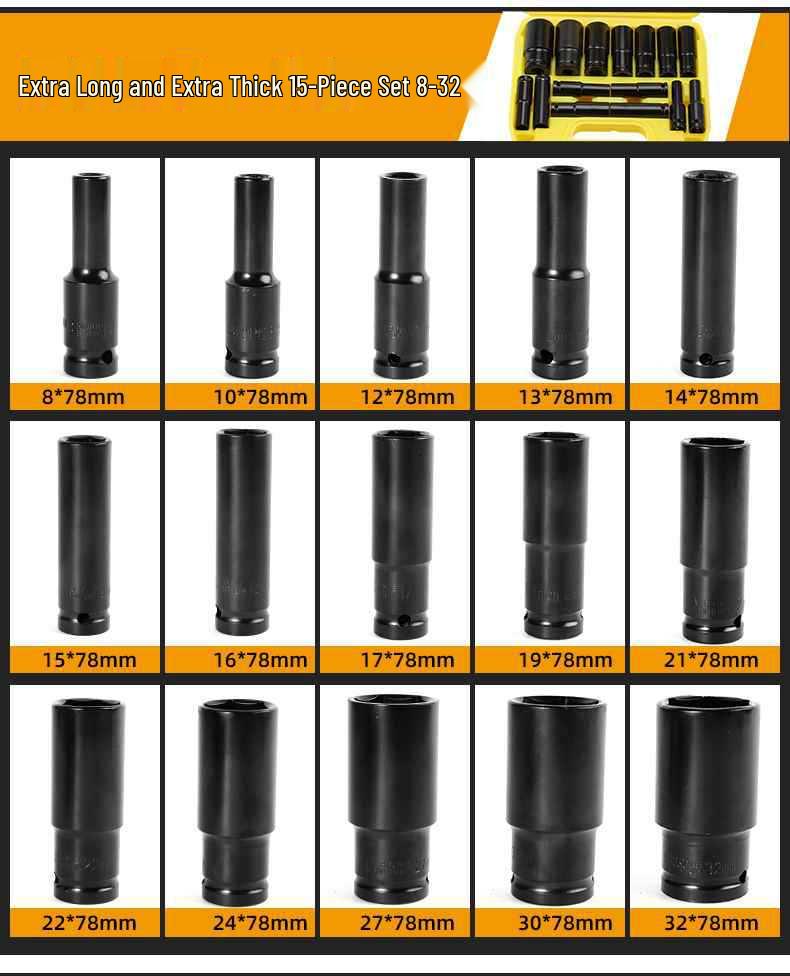 Extended Electric Socket Wrench Set with Large, Medium & Small Hexagonal Air Gun Heads for Auto Repair