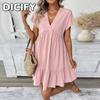DICFY Women's Fashion Summer Spring Solid Color Print V-Neck Short Sleeve Casual Dresses