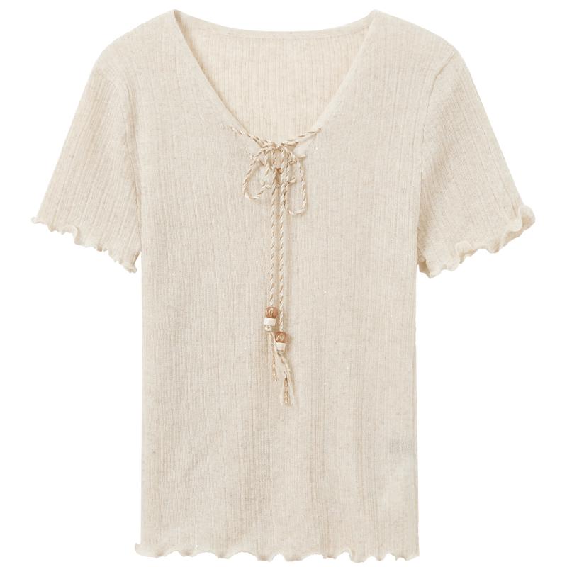 Sancai V-Neck Tassel Tie Short Sleeve Knit Top