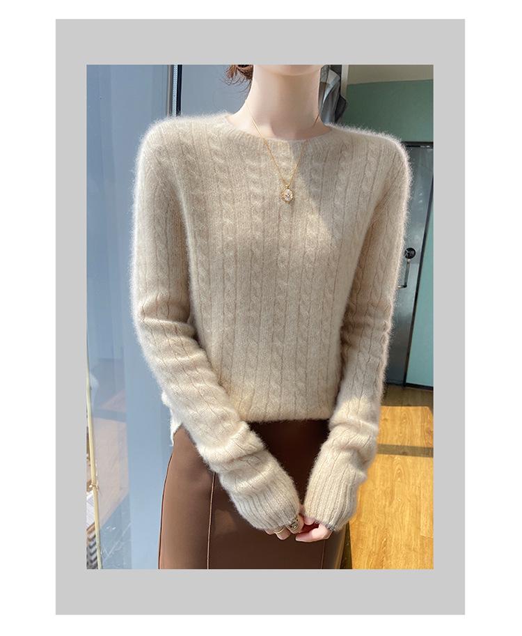 Women's 100% Pure Wool Cable Knit Sweater – Autumn/Winter Loose Fit with Round Neck, Fashionable and Versatile Knit Base Layer.