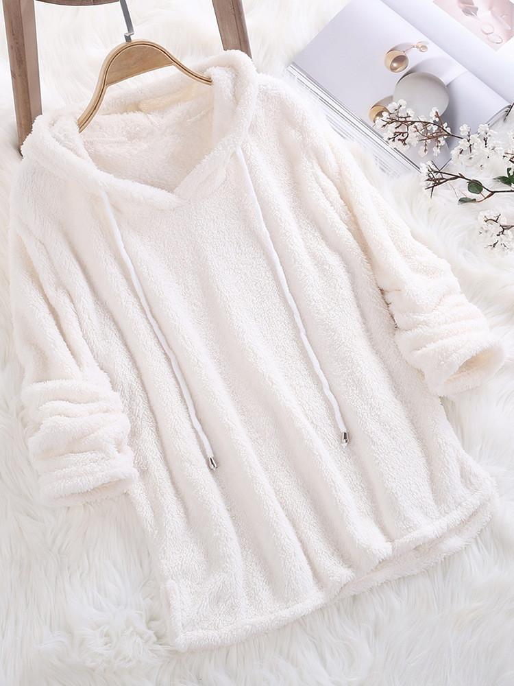 Hot Item Solid Color Long Sleeved Hooded Fuzzy Double-sided Plush Hoodie Pajamas for Women Hoodies