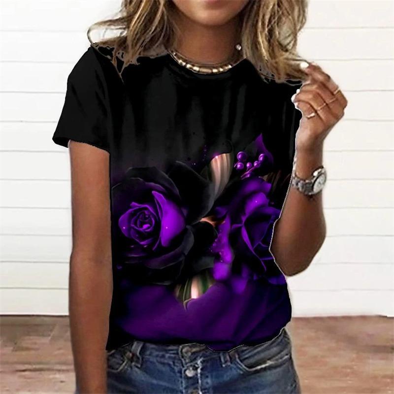 Women S T-Shirt 3d Floral Print Tee Woman Clothing Everyday Female Top Women Short Sleeve T Shirt XL