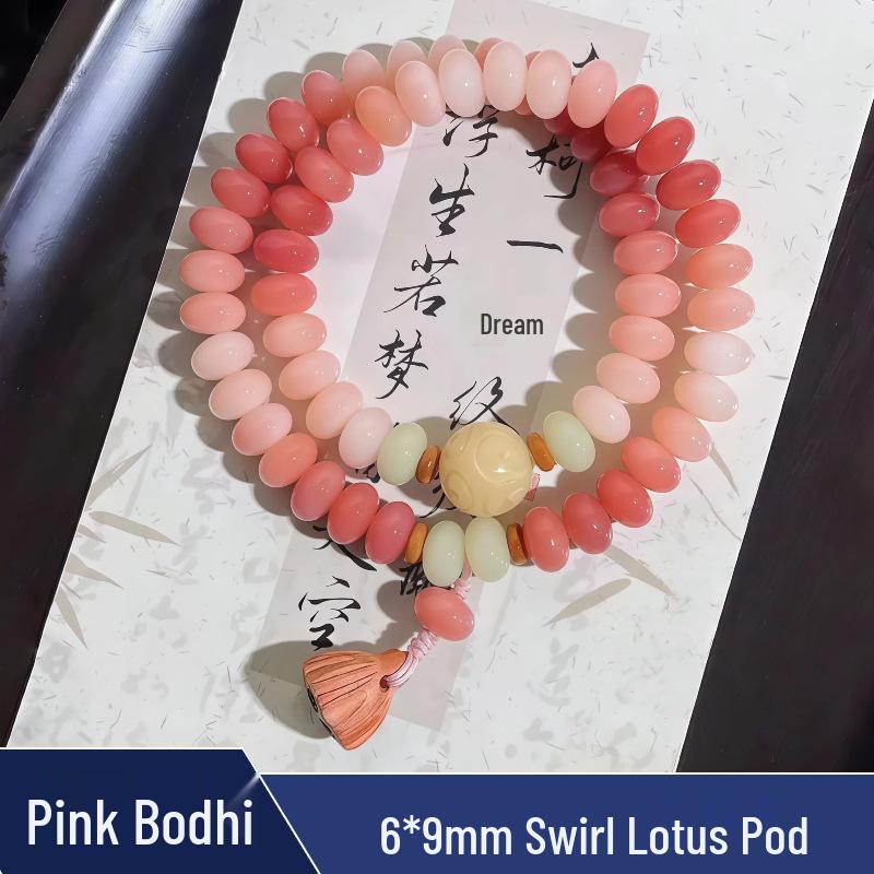 Zen Style Bodhi Root Bracelet with Lotus Pendant for Women, 108 Pink Beads