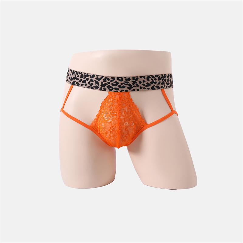 Leopard print men's erotic underwear temperament splicing lace sexy breathable hollow temptation perspective underwear