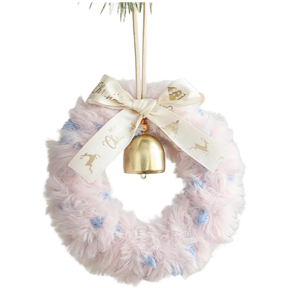 Plush Christmas Wreath Hanging Decoration With Ribbon Bow Bells Window Accent Christmas Bell Bow Wreath Xmas Tree Ornaments