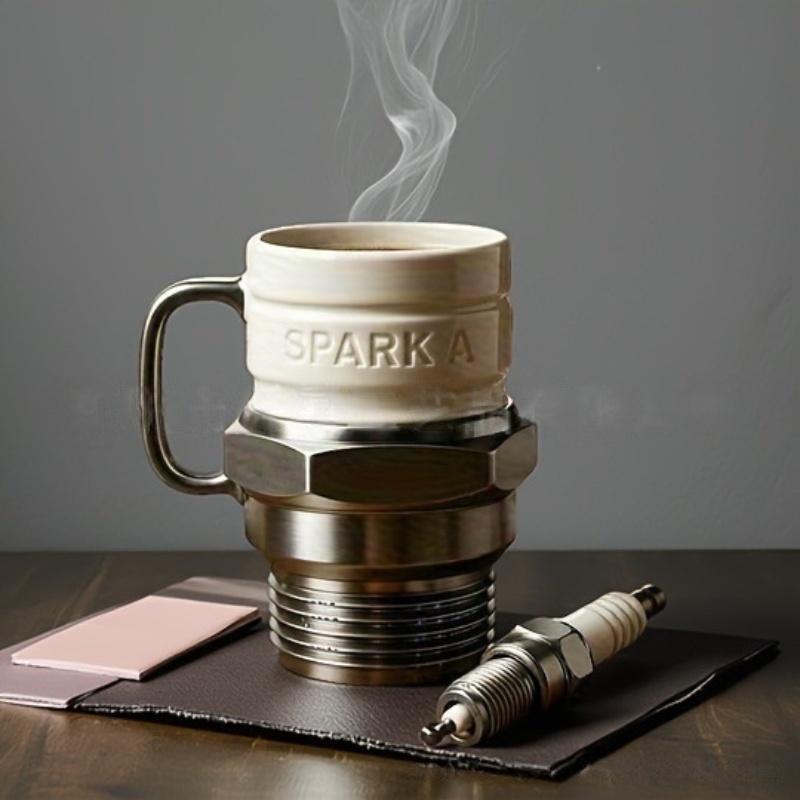 12-Ounce Ceramic And Stainless Steel Spark Plug Mark Cup Unique Shaped Coffee Cup Rust-Resistant Creative Design