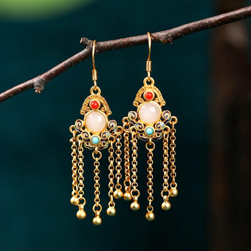 

Aieryuan 2022 Элегантные серьги-кисточки Ruyi с позолотой и искусственным красным и белым нефритом 24K Gold Plating Process