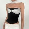 2026 Summer French Elegant Ladylike Fashion Strapless Vest Lace Patchwork Sexy Halter Color-Block Top