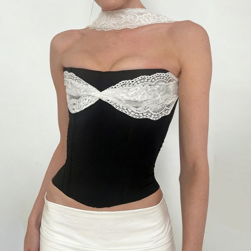 2026 Summer French Elegant Ladylike Fashion Strapless Vest Lace Patchwork Sexy Halter Color-Block Top