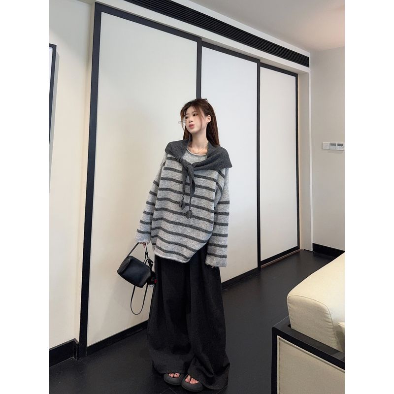 Kumikumi Retro Contrast Color Stripes Long Sleeves Sweaters Women's Clothing Fall Idle Style Soft Glutinous Loose Knitwear Tops